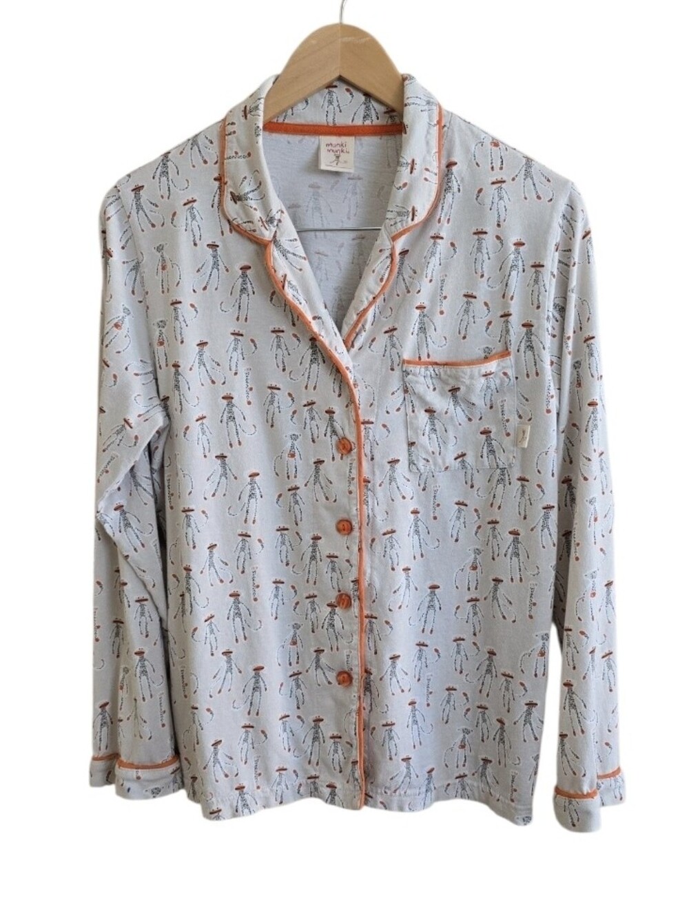 Munki Munki All Over Monkey Print Button Down Long Sleeve Pajama Top. Size Large